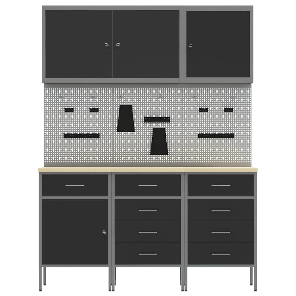 Banc de lucru cu sertar 8 pcs Negru 150 x 55 x 200 cm Oțel GartenMobel Dekor