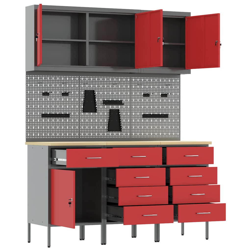 Banc de lucru cu sertar 8 pcs Roșu 150 x 55 x 200 cm Oțel GartenMobel Dekor