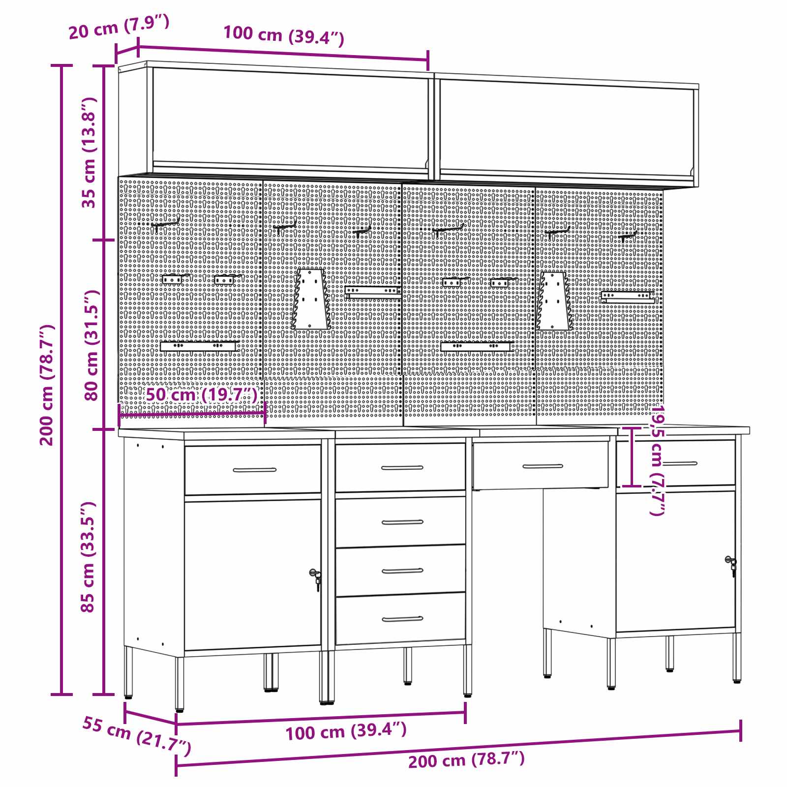 Banc de lucru cu sertar 8 pcs Roșu 150 x 55 x 200 cm Oțel GartenMobel Dekor