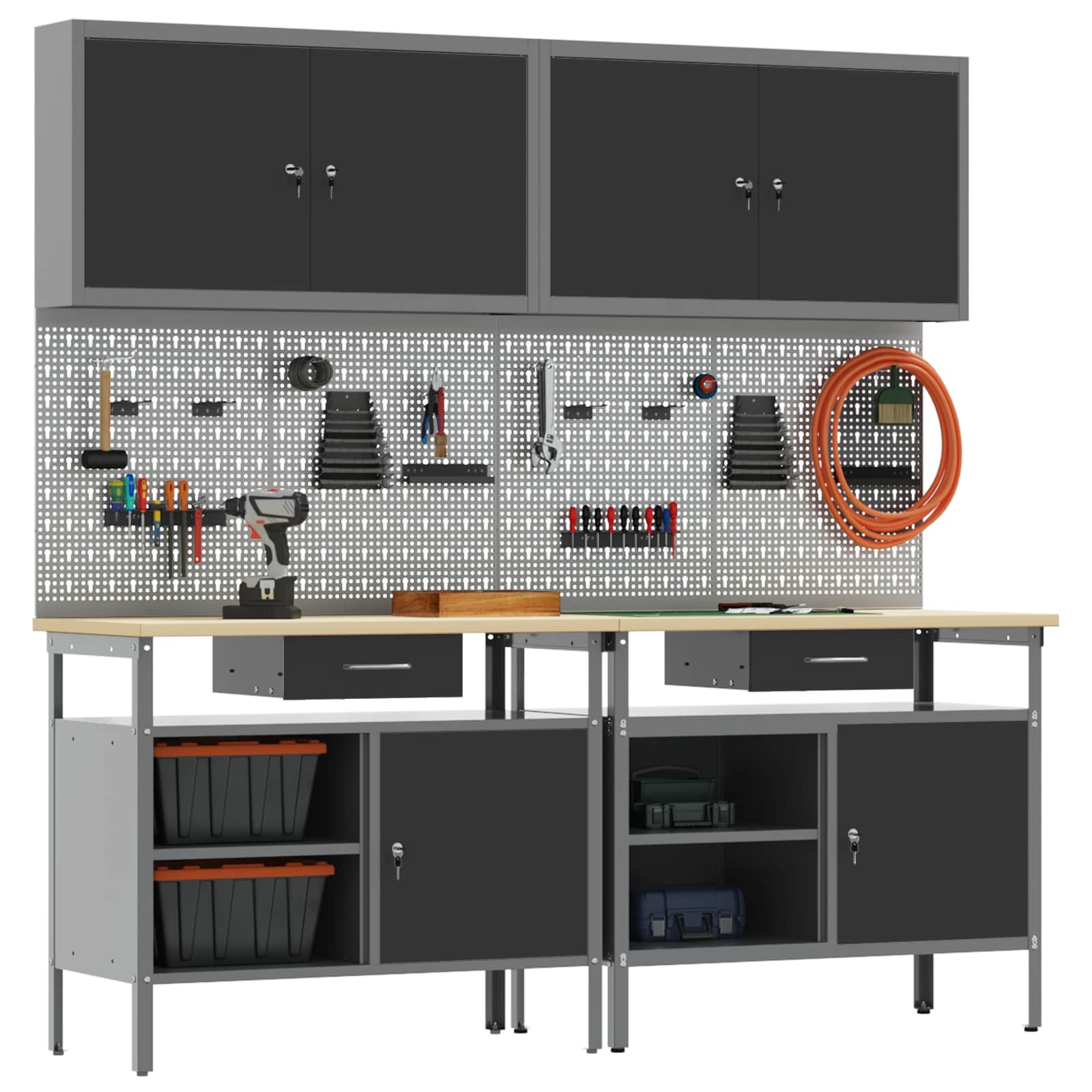 Set banc de lucru cu raft 8 pcs Negru Oțel vopsit electrostatic GartenMobel Dekor