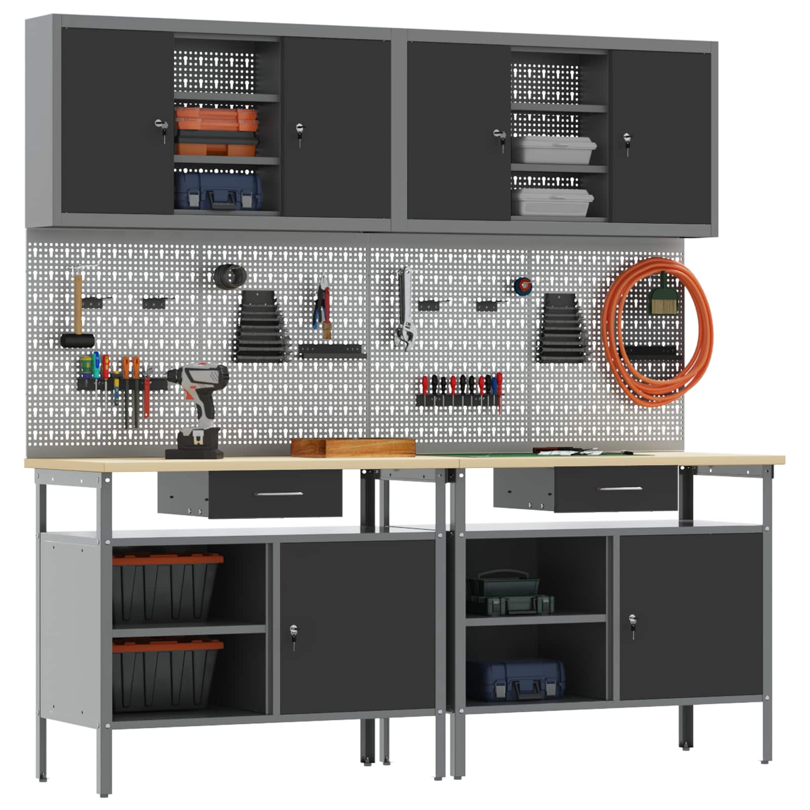 Set banc de lucru cu sertar 8 pcs Negru 200 x 55 x 200 cm Oțel GartenMobel Dekor