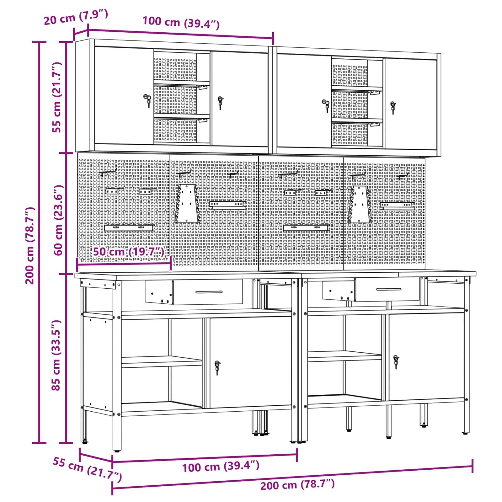 Set banc de lucru cu sertar 8 pcs Roșu 200 x 55 x 200 cm Oțel GartenMobel Dekor