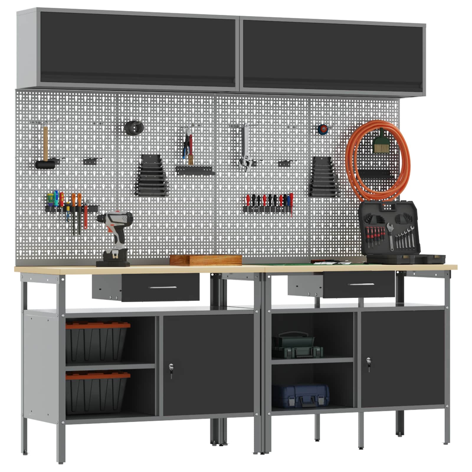 Set banc de lucru cu sertar cu raft cu blocare 8 pcs Negru Oțel GartenMobel Dekor