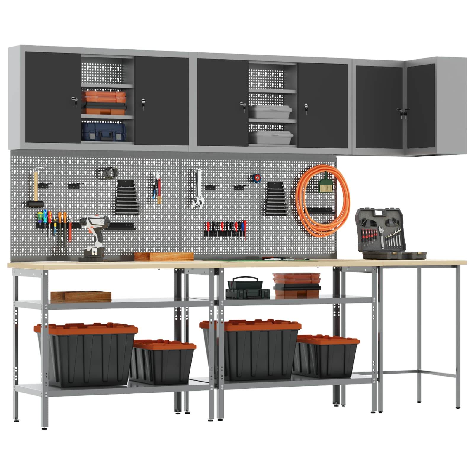 Set de dulapuri de lucru cu raft Manual 10 pcs Negru și Gri GartenMobel Dekor