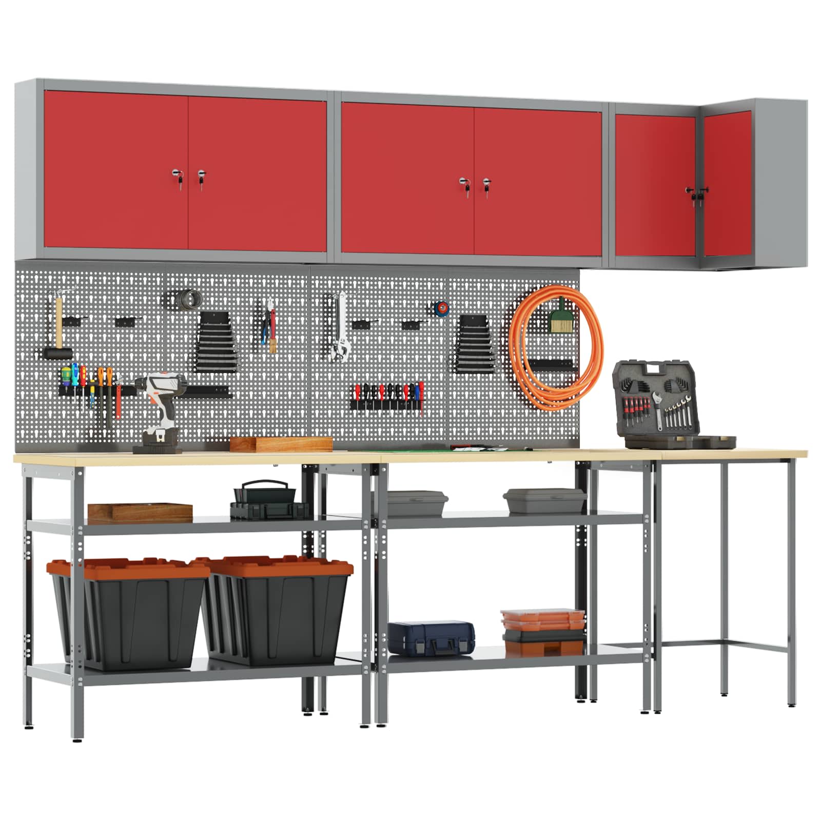 Set de dulapuri de lucru cu raft Manual 10 pcs Roșu și gri GartenMobel Dekor