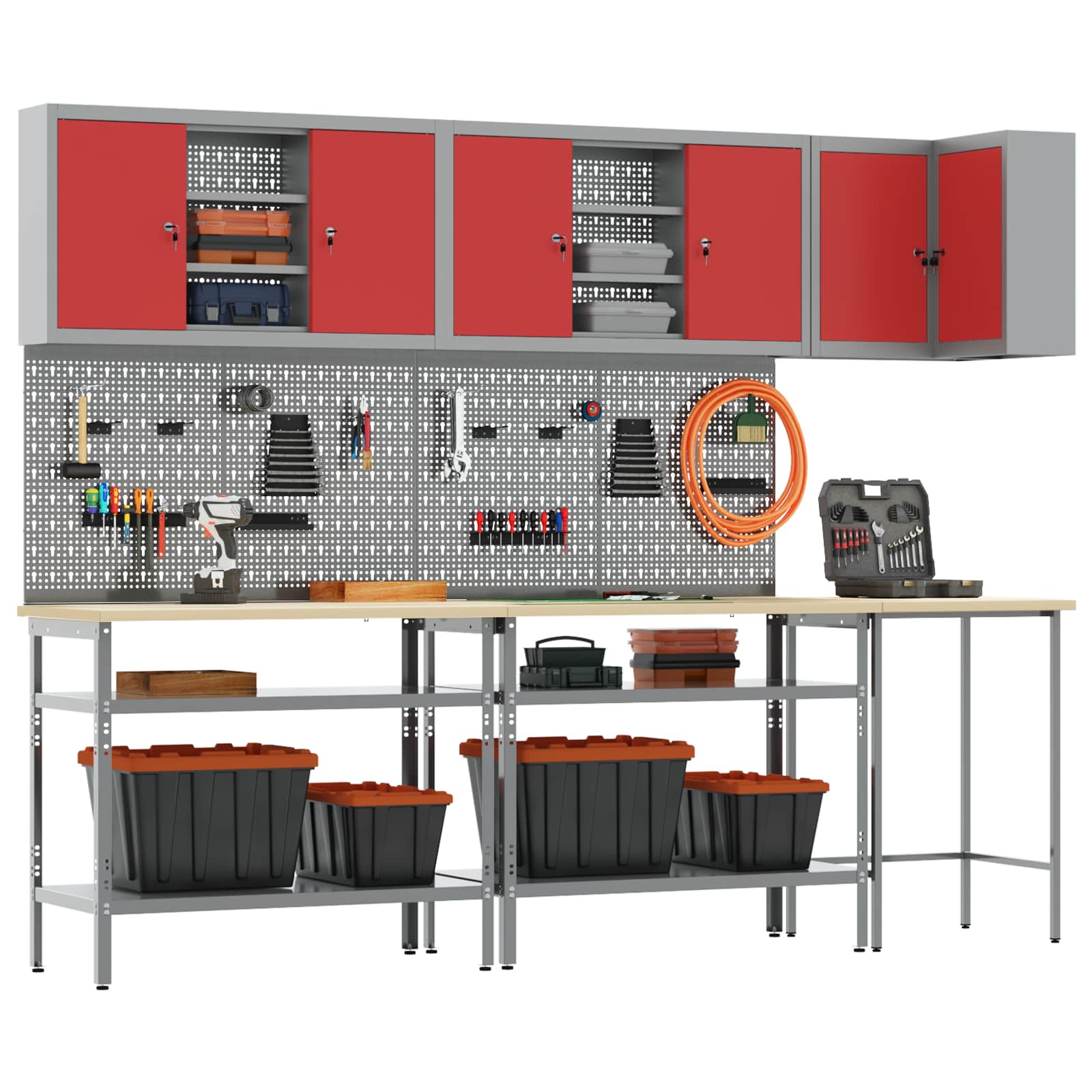 Set de dulapuri de lucru cu raft Manual 10 pcs Roșu și gri GartenMobel Dekor