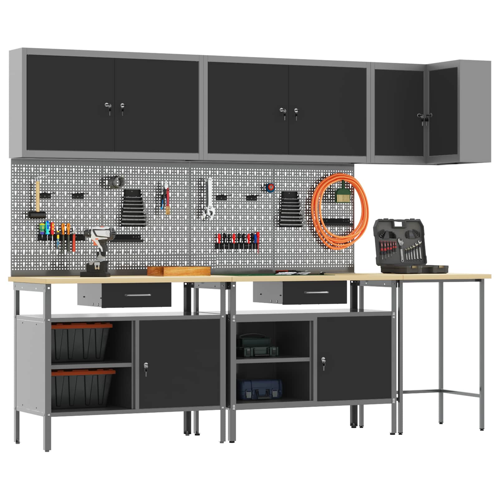 Set de dulapuri de lucru cu sertar cu raft 10 pcs Negru și Gri GartenMobel Dekor