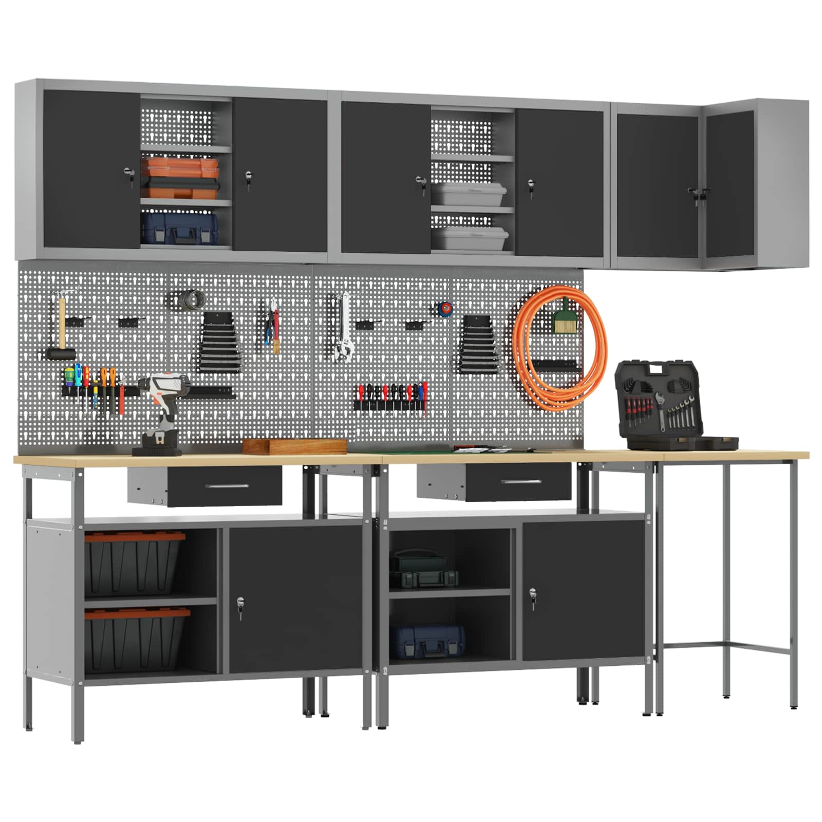 Set de dulapuri de lucru cu sertar cu raft 10 pcs Negru și Gri GartenMobel Dekor