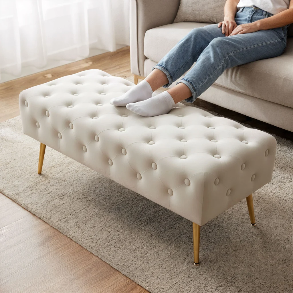 Taburet Monaco, tapitat cu catifea, tip banca, cu picioare metalice, 100x42x41 cm, bej Household NewTrend