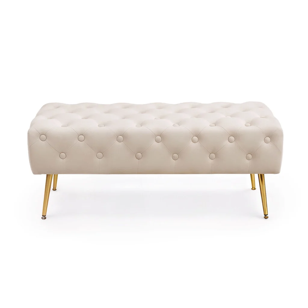 Taburet Monaco, tapitat cu catifea, tip banca, cu picioare metalice, 100x42x41 cm, bej Household NewTrend