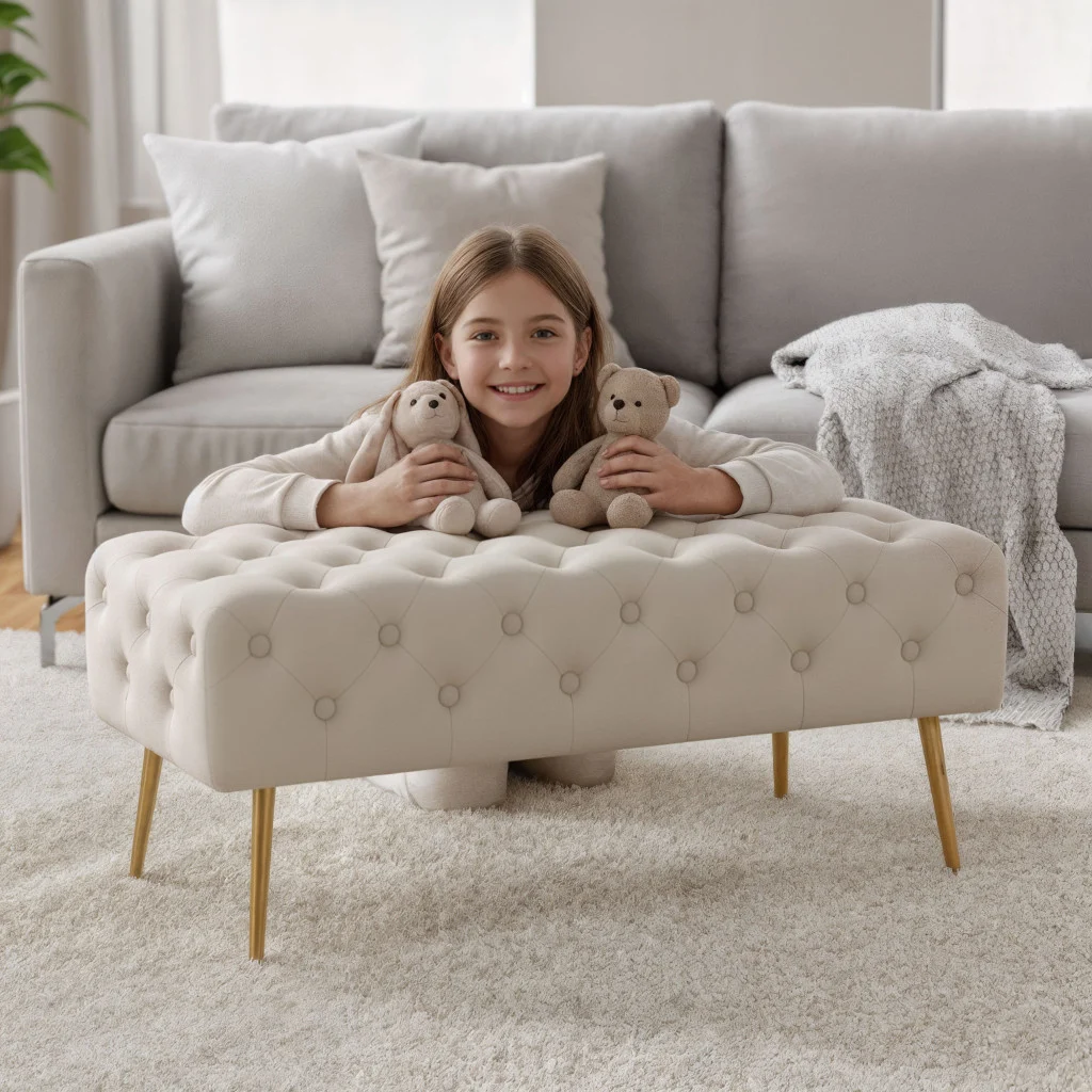 Taburet Monaco, tapitat cu catifea, tip banca, cu picioare metalice, 100x42x41 cm, bej Household NewTrend