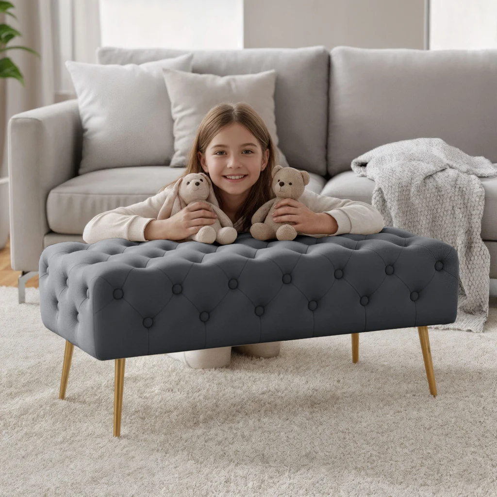 Taburet Monaco, tapitat cu catifea, tip banca, cu picioare metalice, 100x42x41 cm, gri Household NewTrend