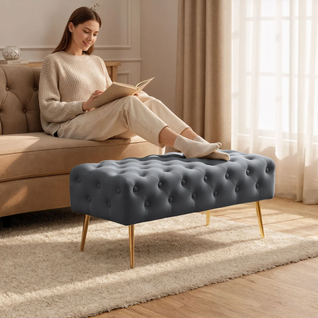 Taburet Monaco, tapitat cu catifea, tip banca, cu picioare metalice, 100x42x41 cm, gri Household NewTrend