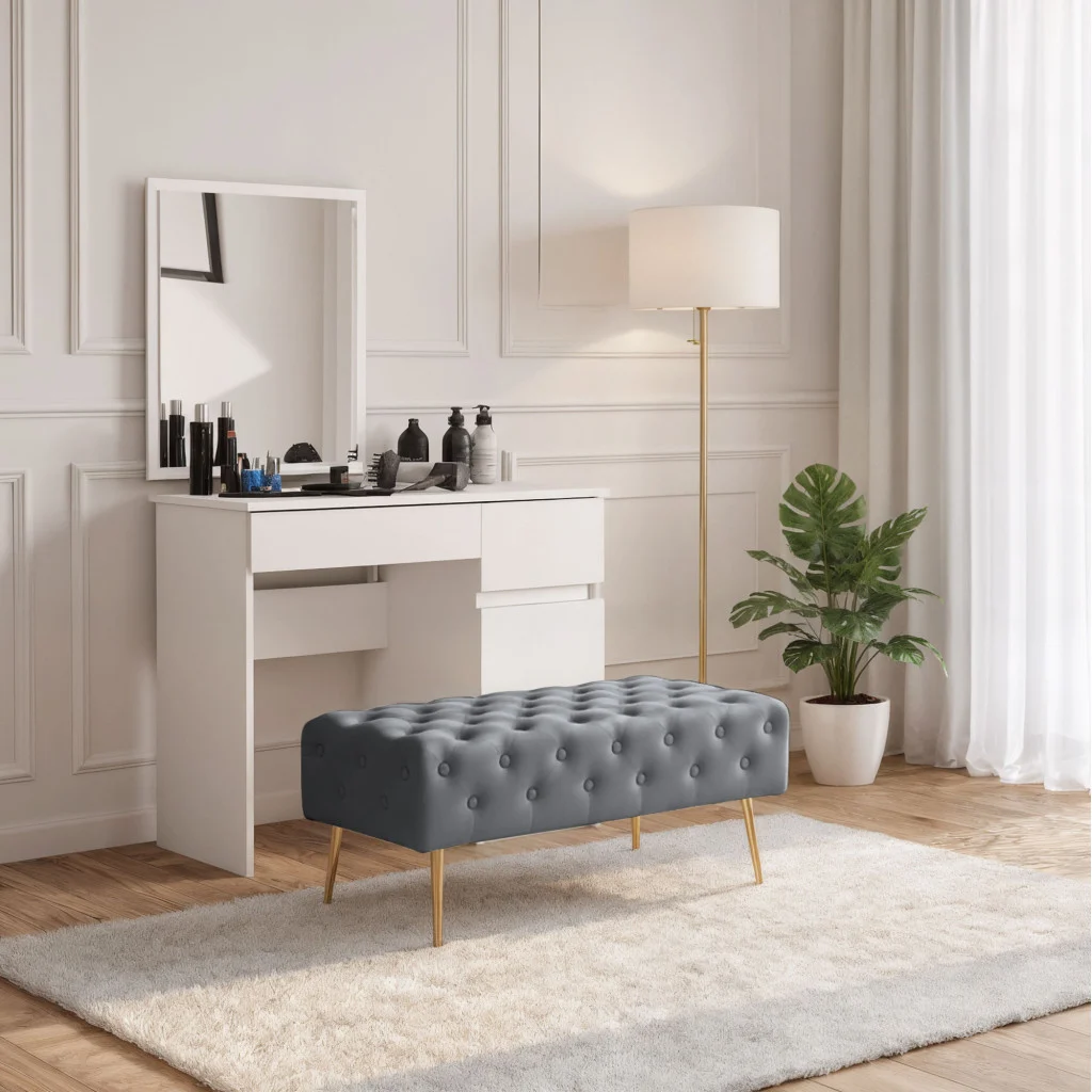 Taburet Monaco, tapitat cu catifea, tip banca, cu picioare metalice, 100x42x41 cm, gri Household NewTrend