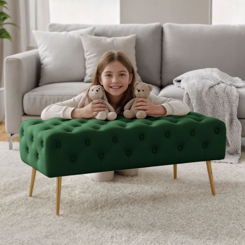 Taburet Monaco, tapitat cu catifea, tip banca, cu picioare metalice, 100x42x41 cm, verde Household NewTrend