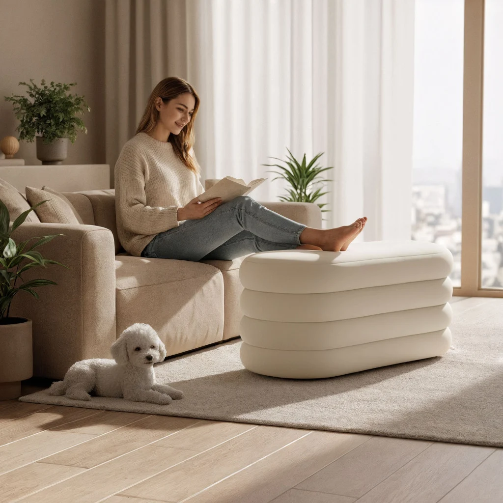 Taburet tapitat Puffo cu spatiu de depozitare, velur, 100x42x42 cm, crem Household NewTrend