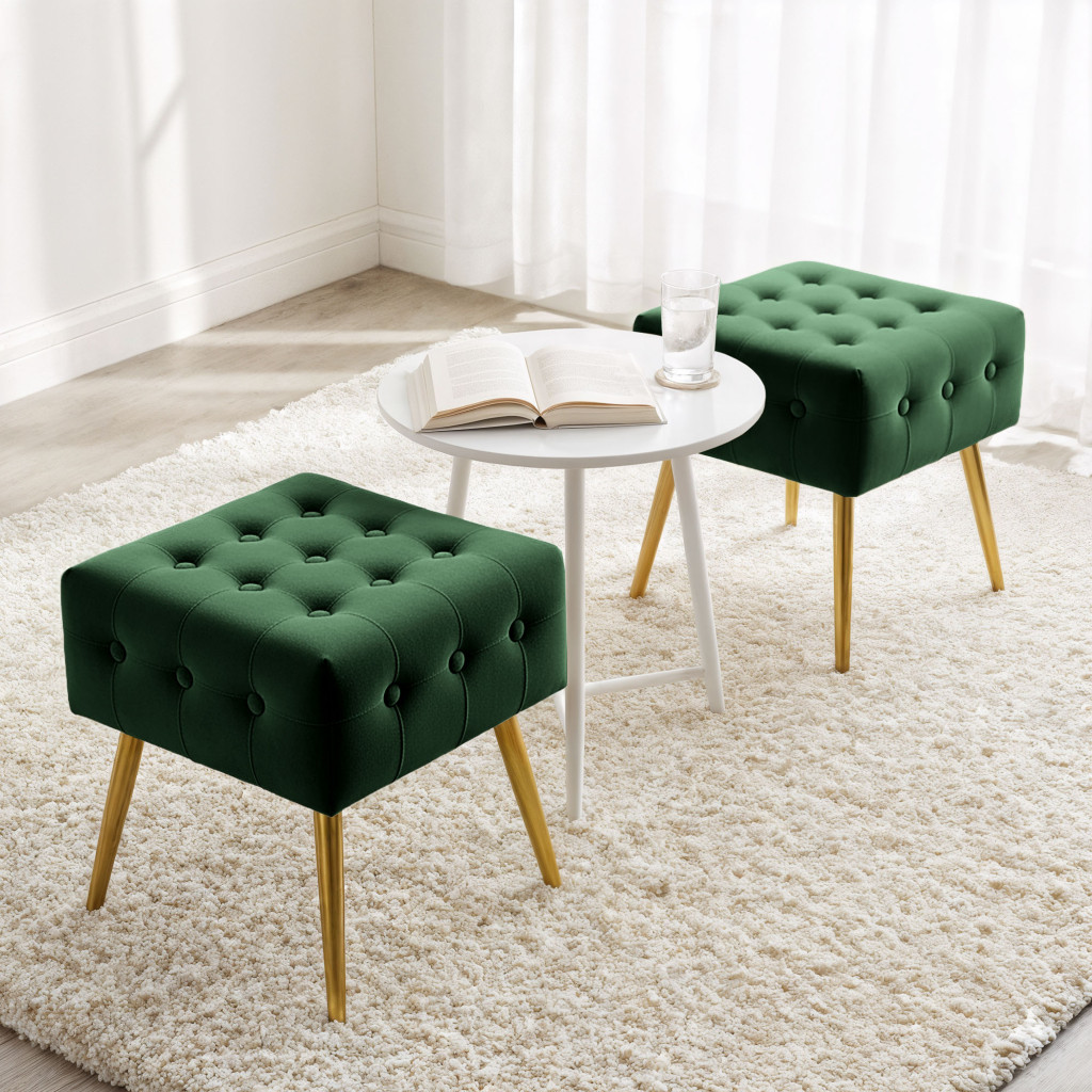 Taburet tapitat Quadra, velur, cu picioare metalice, 40x40x42 cm, verde Household NewTrend