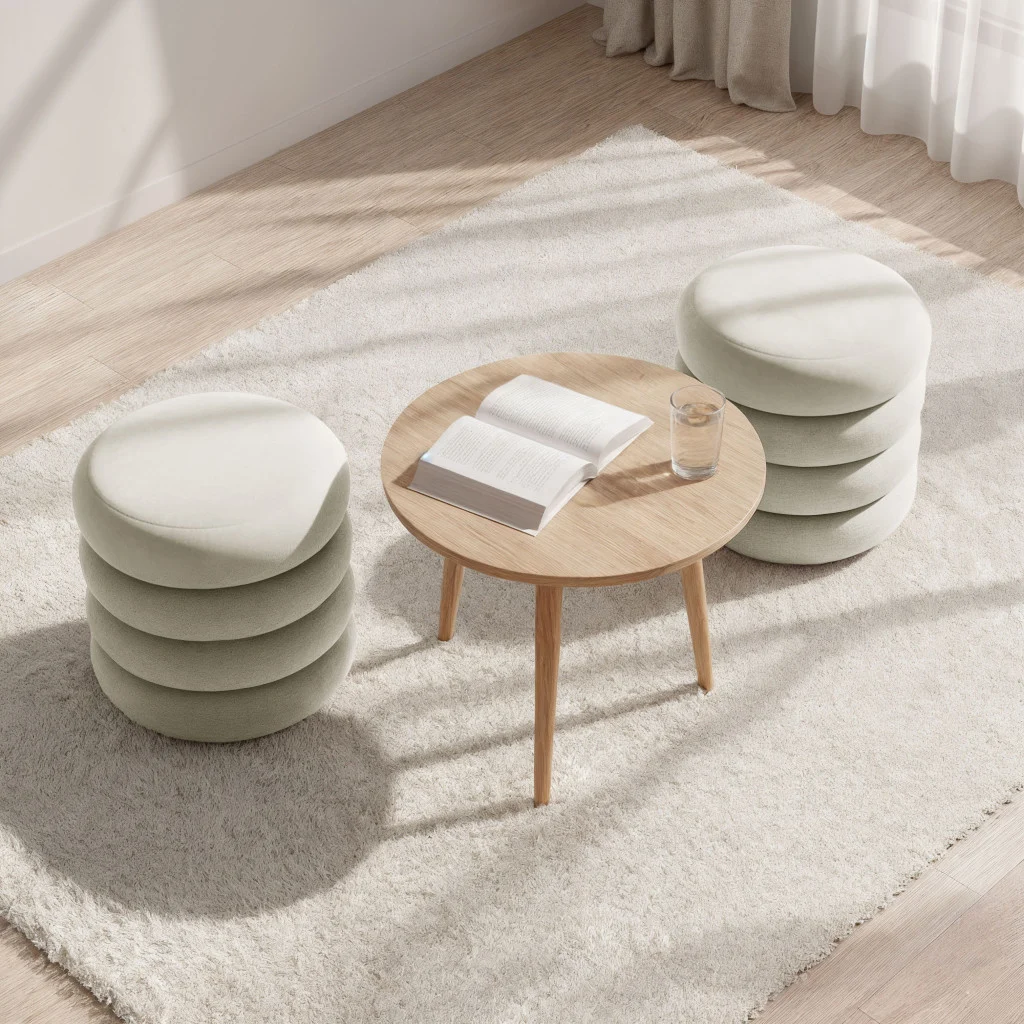 Taburet tapitat Snuggo cu spatiu de depozitare, velur, diametru 42 cm, inaltime 45 cm, crem Household NewTrend