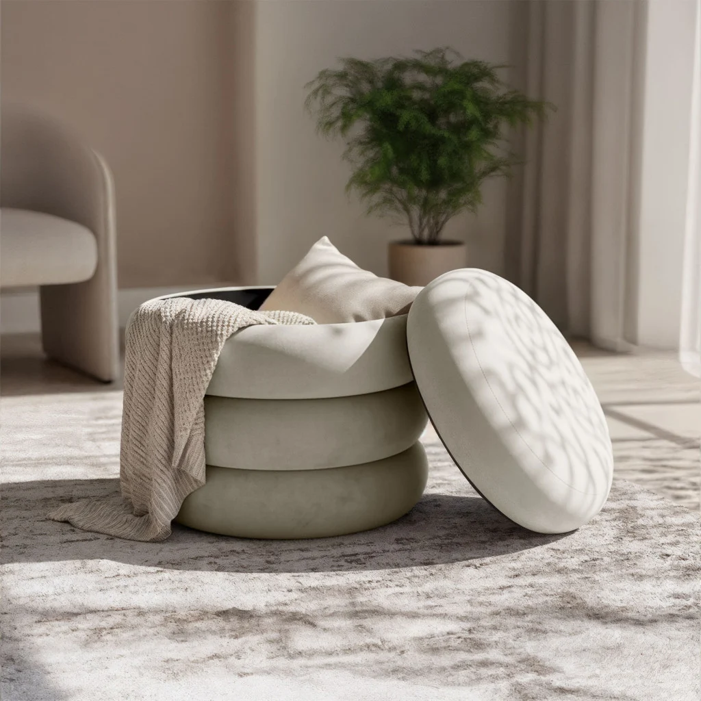 Taburet tapitat Snuggo cu spatiu de depozitare, velur, diametru 42 cm, inaltime 45 cm, crem Household NewTrend