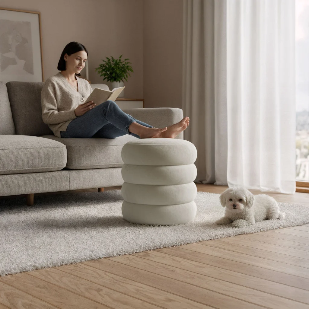 Taburet tapitat Snuggo cu spatiu de depozitare, velur, diametru 42 cm, inaltime 45 cm, crem Household NewTrend