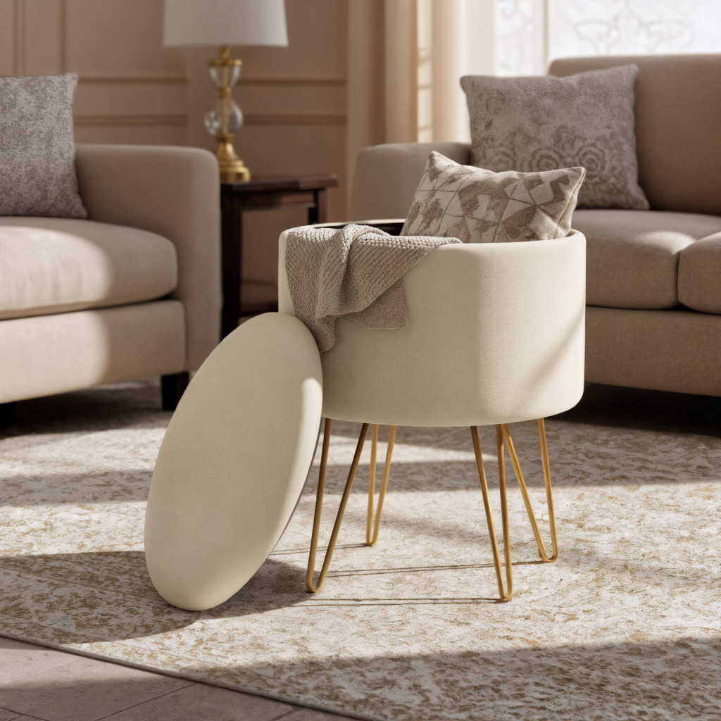 Taburet tapitat rotund Lili cu spatiu de depozitare, velur, 35x35x45 cm, crem Household NewTrend