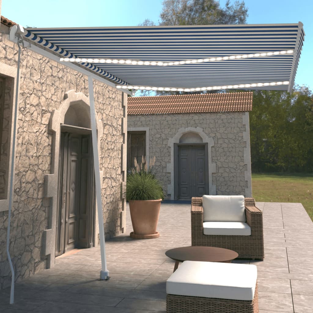Copertină retractabilă manual cu LED, albastru & alb 350x250 cm GartenMobel Dekor