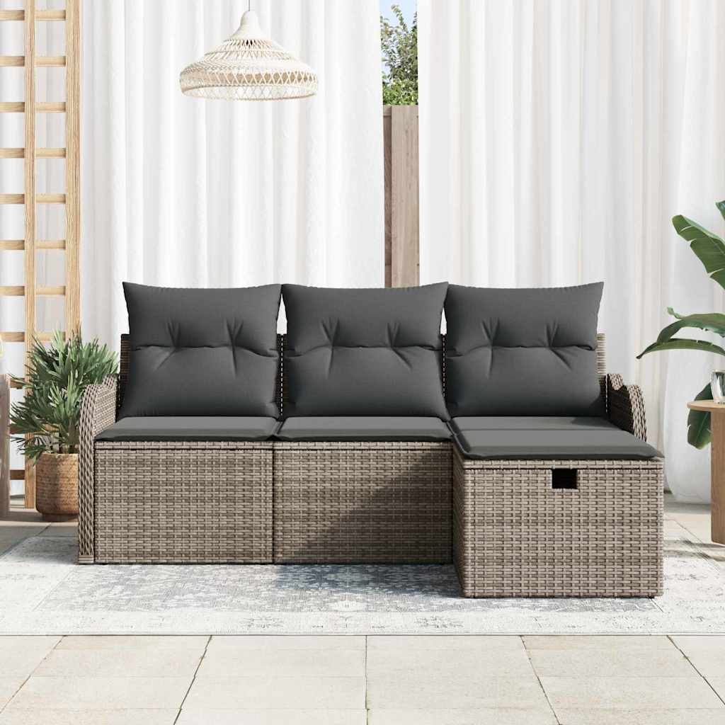 Set de canapele pentru grădină cu pernă 4 pcs Gri Rattan poli GartenMobel Dekor