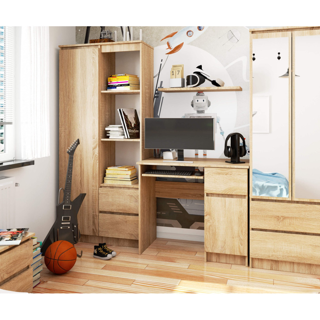 Birou computer PIKSEL, cu sertar, dulap si raft pentru tastatura, dreapta, 90x50x77 cm, stejar sonoma Household NewTrend