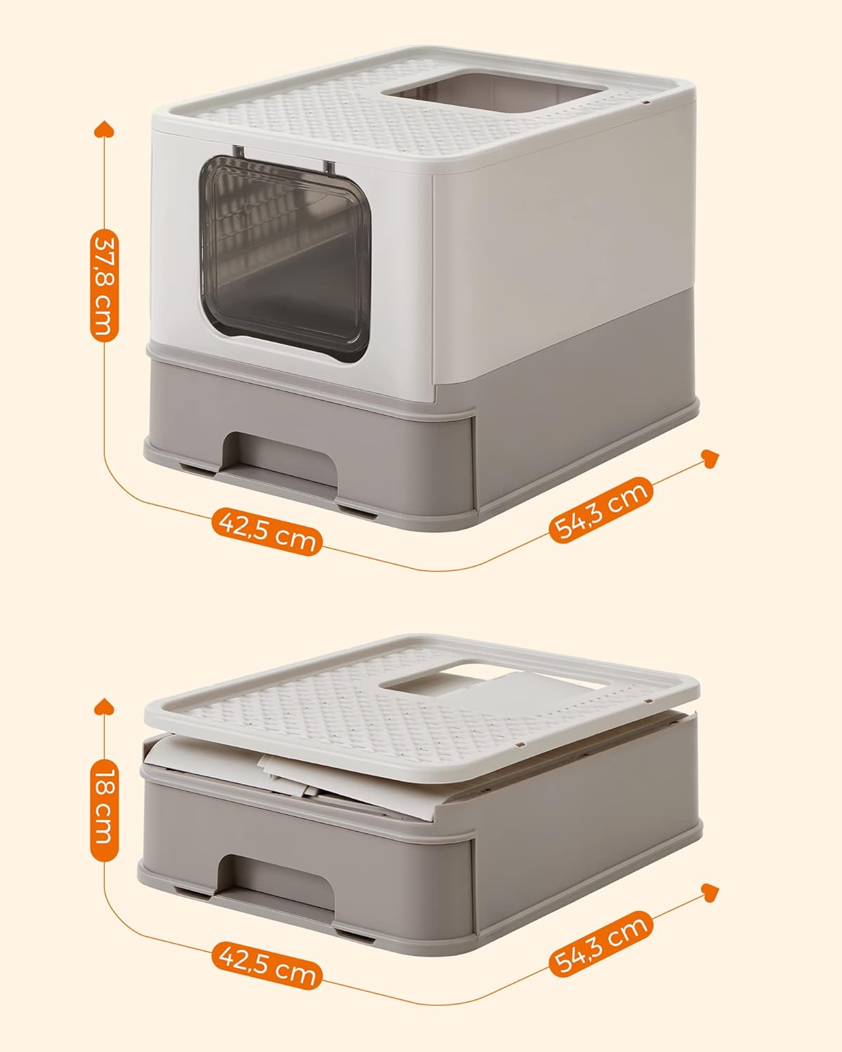 FEANDREA Litiera pentru pisici cu capac, tava extensibila, pentru pisici de pana la 15 kg, 54x43x38cm, gri Household NewTrend