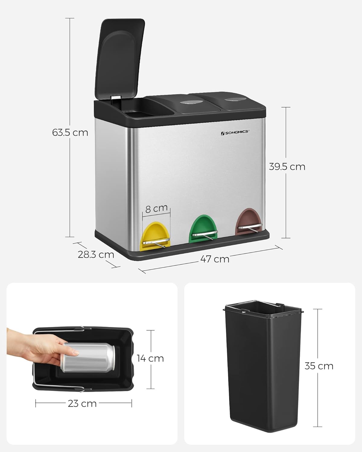 SONGMICS Cos de gunoi din inox cu 3 compartimente colectare selectiva, cu galeti interioare, 3x8litri, argintiu si negru Household NewTrend