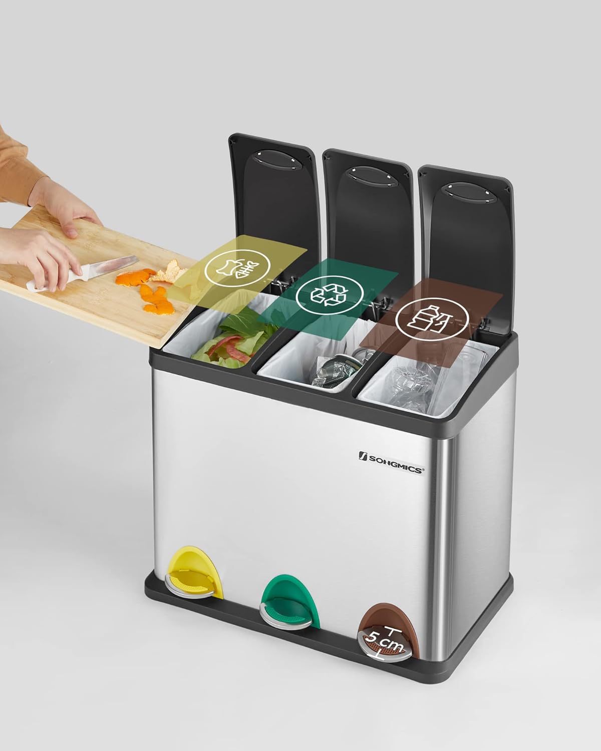 SONGMICS Cos de gunoi din inox cu 3 compartimente colectare selectiva, cu galeti interioare, 3x8litri, argintiu si negru Household NewTrend