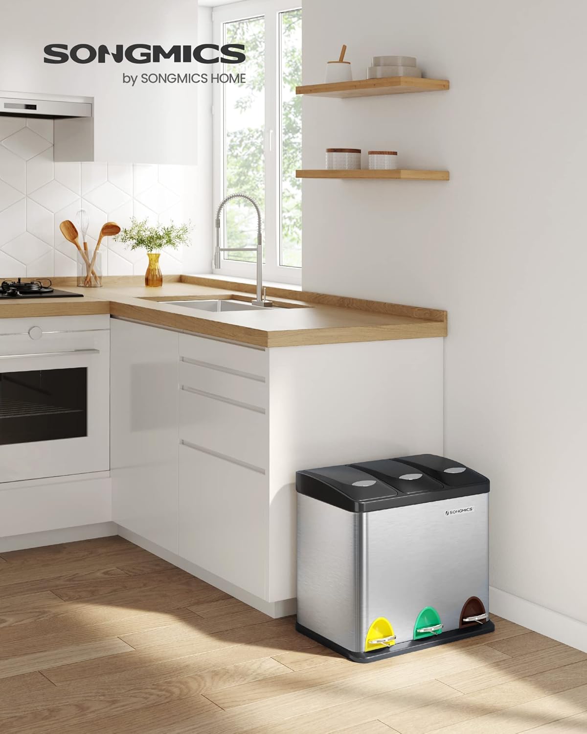 SONGMICS Cos de gunoi din inox cu 3 compartimente colectare selectiva, cu galeti interioare, 3x8litri, argintiu si negru Household NewTrend