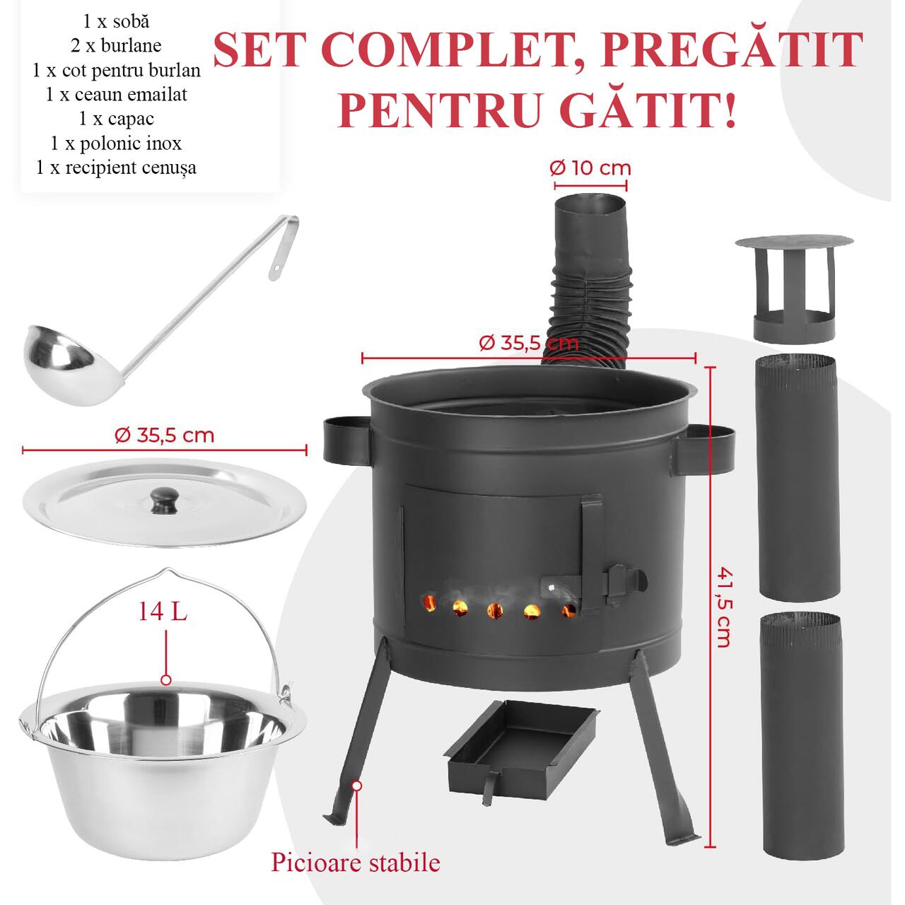 Soba cu ceaun, burlane, 36 cm, ceaun de 14 L, polonic, Strend Pro GartenVIP DiyLine