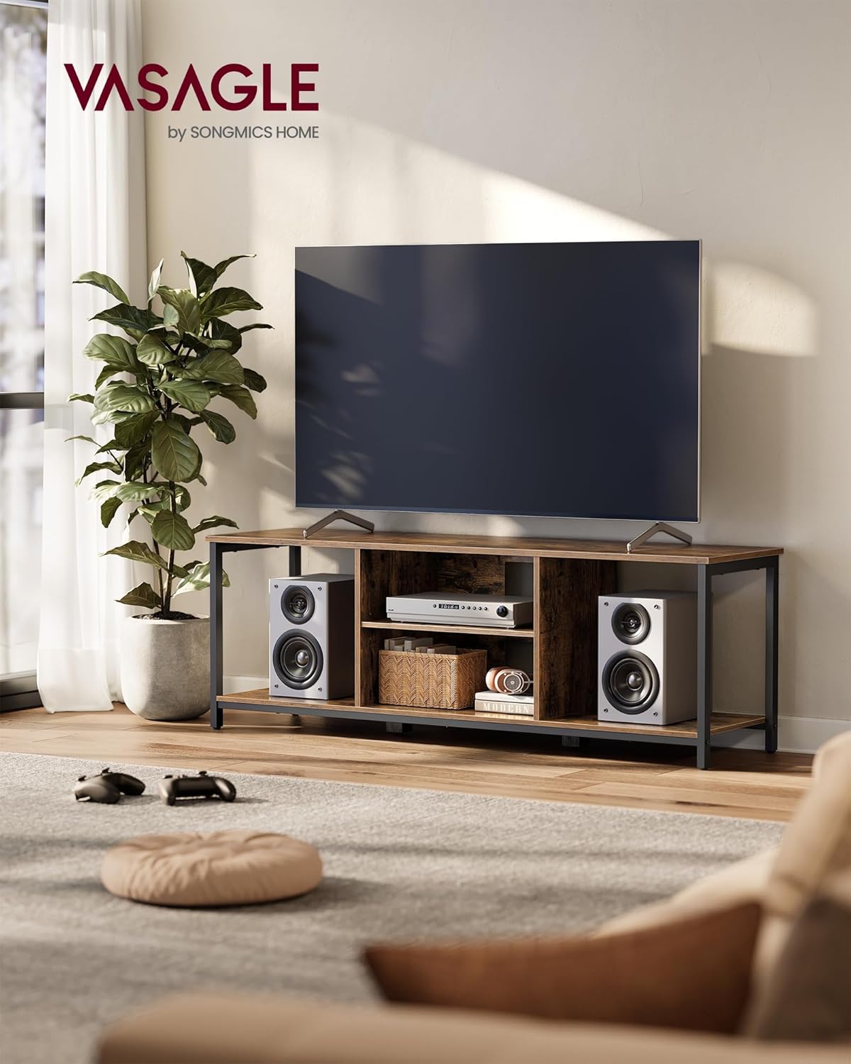 VASAGLE Comoda TV pentru televizoare pana la 65 inch, cadru metal, stil industrial, 147x40x50 cm, maro rustic Household NewTrend