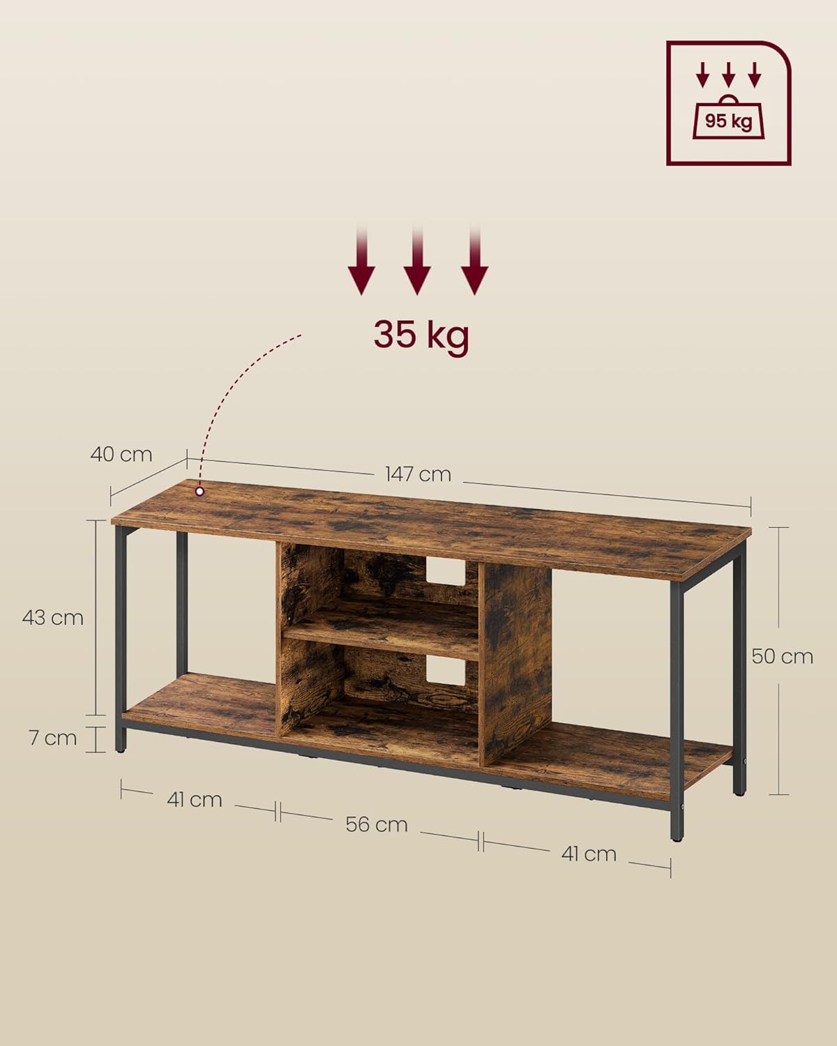 VASAGLE Comoda TV pentru televizoare pana la 65 inch, cadru metal, stil industrial, 147x40x50 cm, maro rustic Household NewTrend