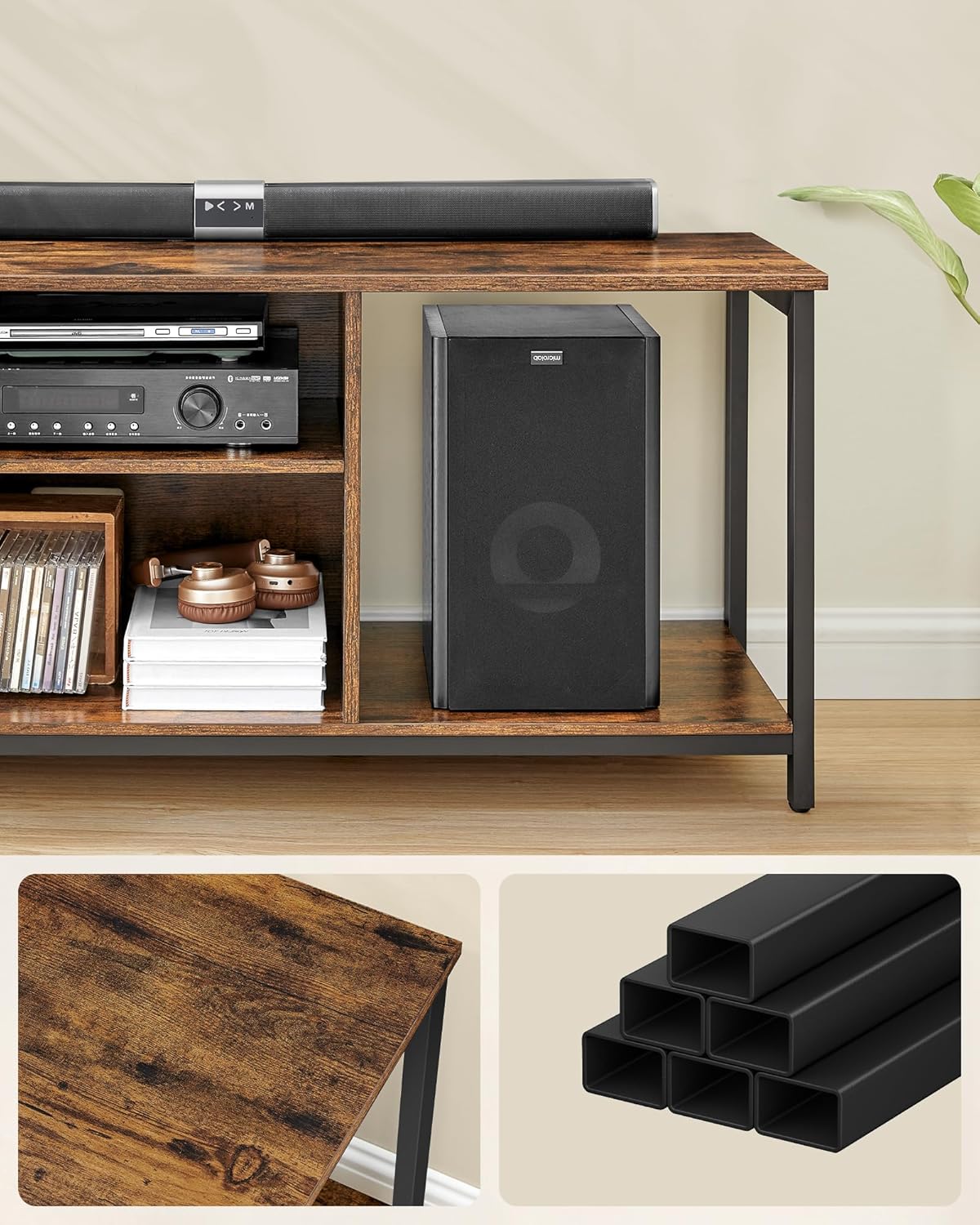 VASAGLE Comoda TV pentru televizoare pana la 65 inch, cadru metal, stil industrial, 147x40x50 cm, maro rustic Household NewTrend