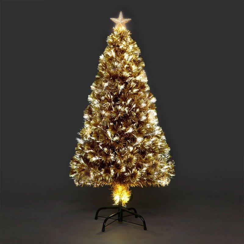 Brad artificial, auriu, 210 cm, iluminat led si fibra optica, suport pliabil MultiMark GlobalProd