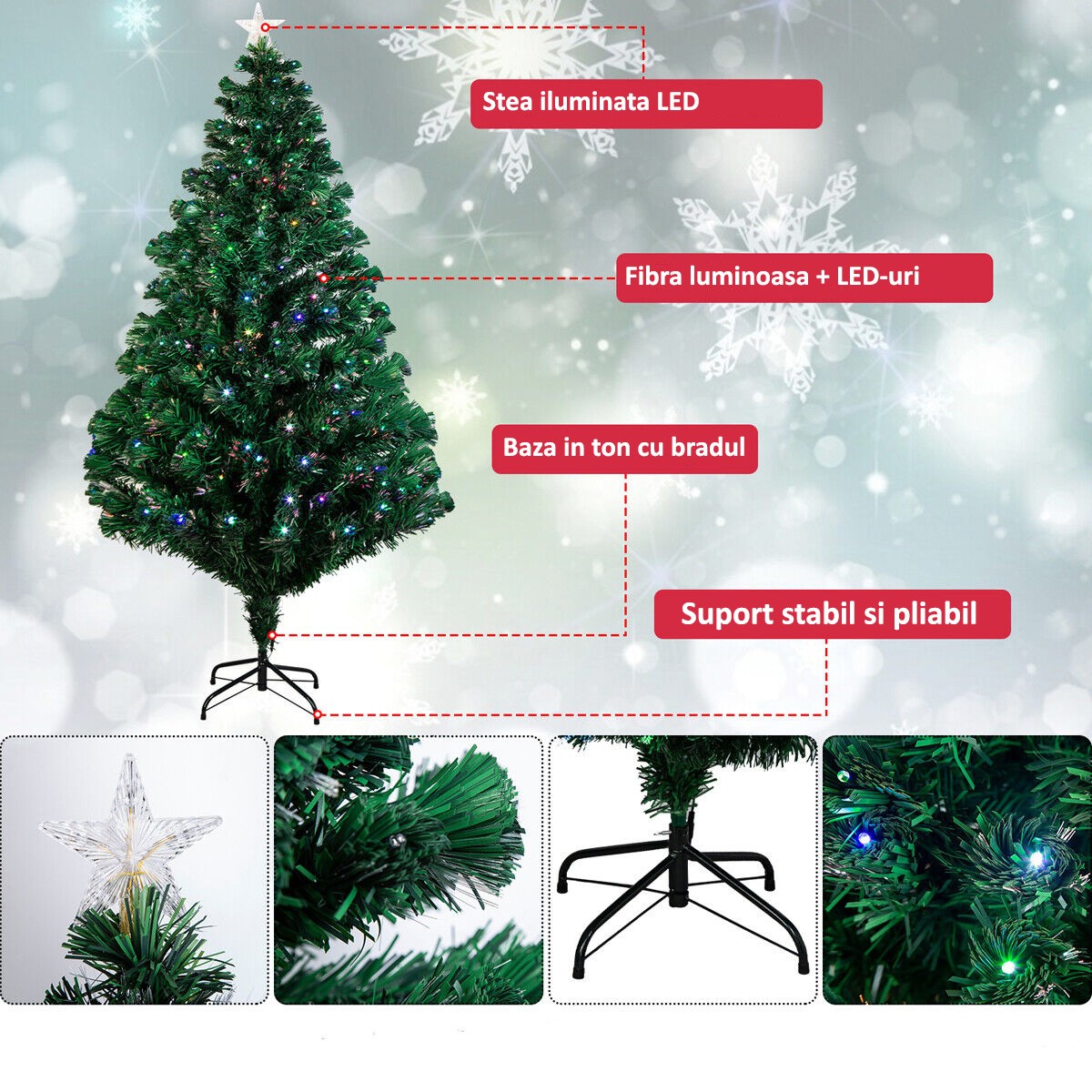 Brad artificial, iluminat cu fibra optica si led-uri, 180 cm, suport metalic inclus MultiMark GlobalProd