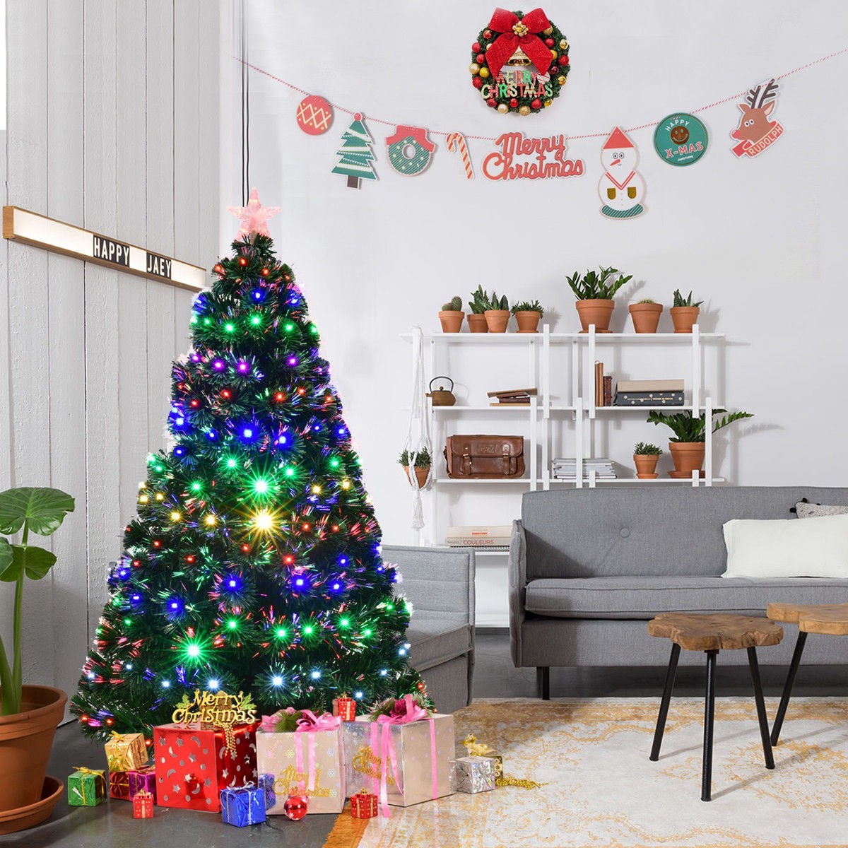 Brad artificial, iluminat cu fibra optica si led-uri, 180 cm, suport metalic inclus MultiMark GlobalProd