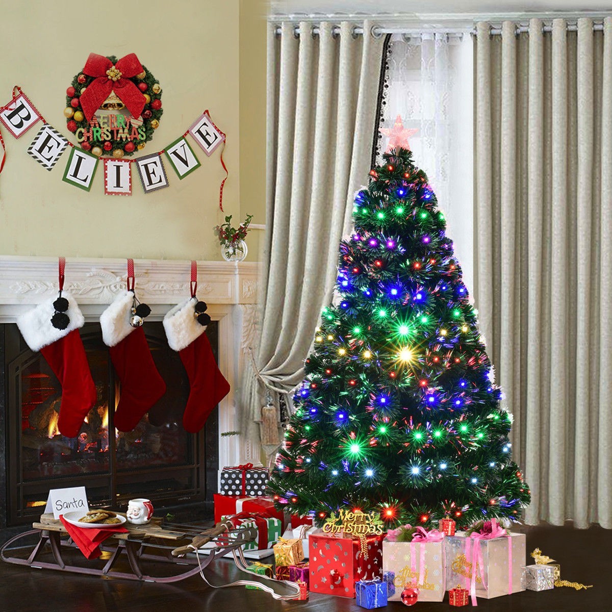 Brad artificial, iluminat cu fibra optica si led-uri, 180 cm, suport metalic inclus MultiMark GlobalProd