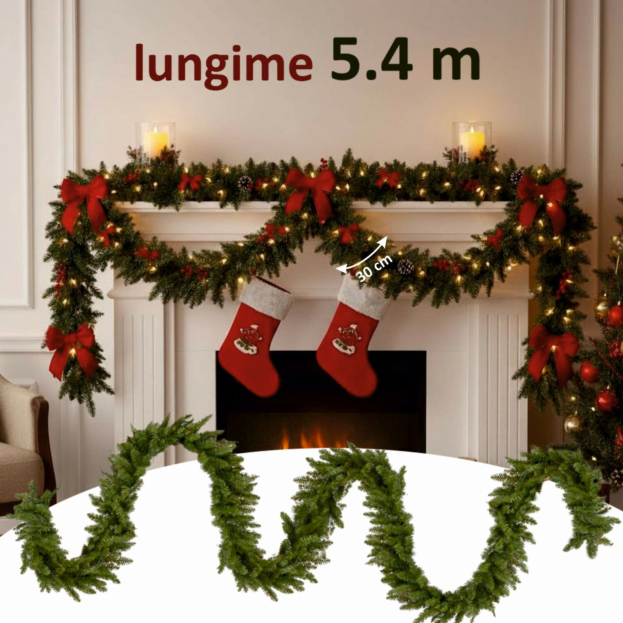 Ghirlanda groasa decorativa din brad artificial, molid scandinav, lungime 5.4 m, verde natural, aspect bogat MultiMark GlobalProd