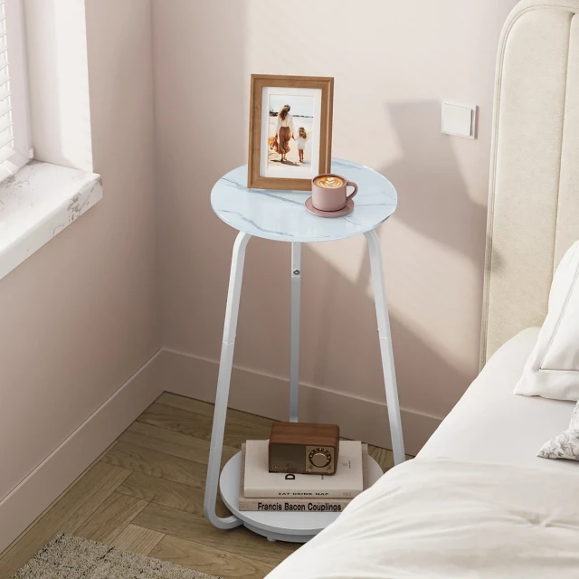 VASAGLE Masuta rotunda tip noptiera, blat din sticla si raft inferior din PAL, cadru metalic, 30x30x55 cm, alb Household NewTrend