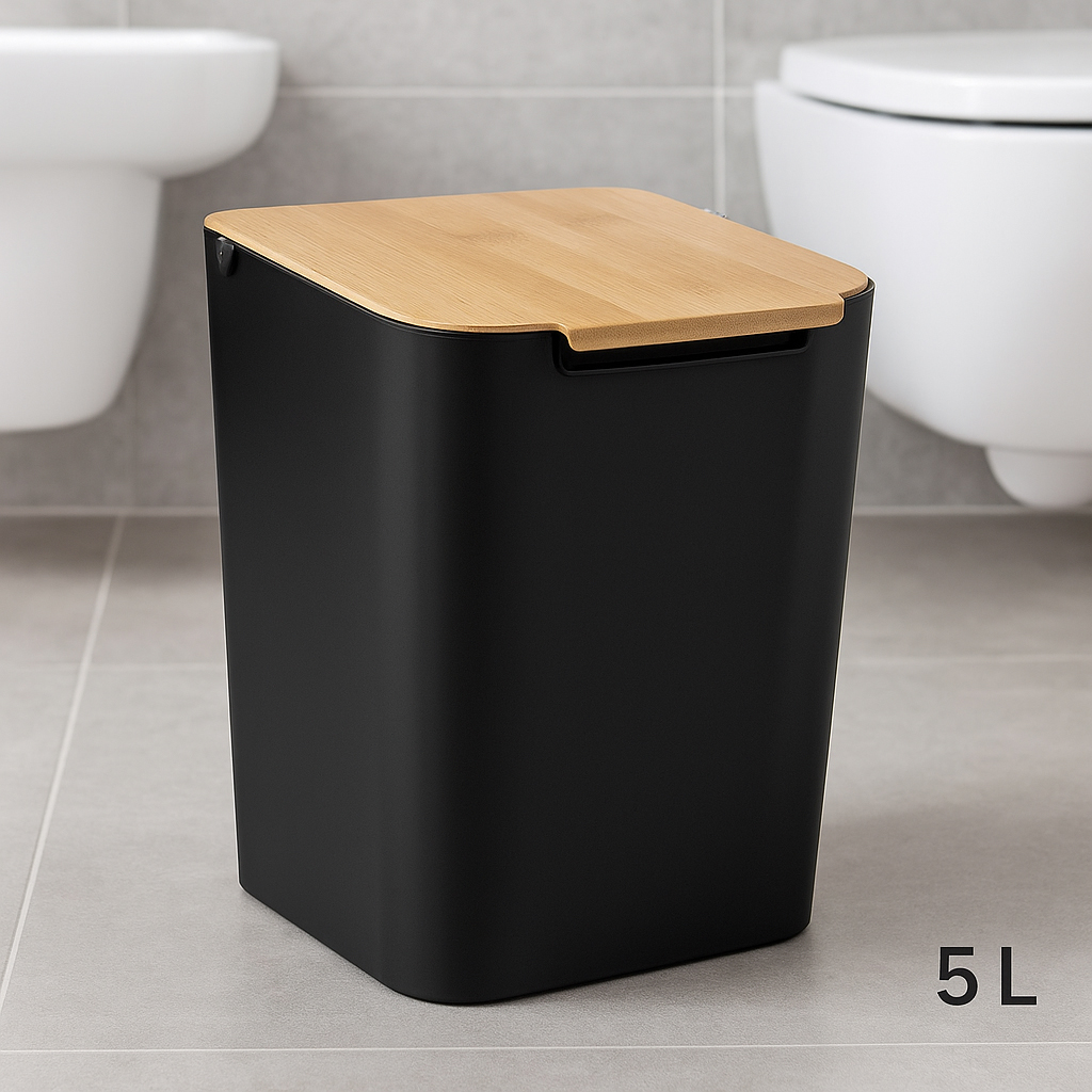 Cos gunoi 5Five Natureo cu capac, polipropilena si bambus, 5 litri, 22x19x24 cm, negru Household NewTrend