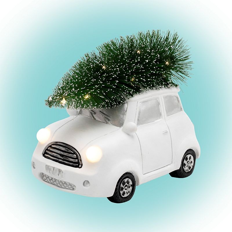 Figurina ceramica ornamentala, masina cu brad, iluminata led MultiMark GlobalProd