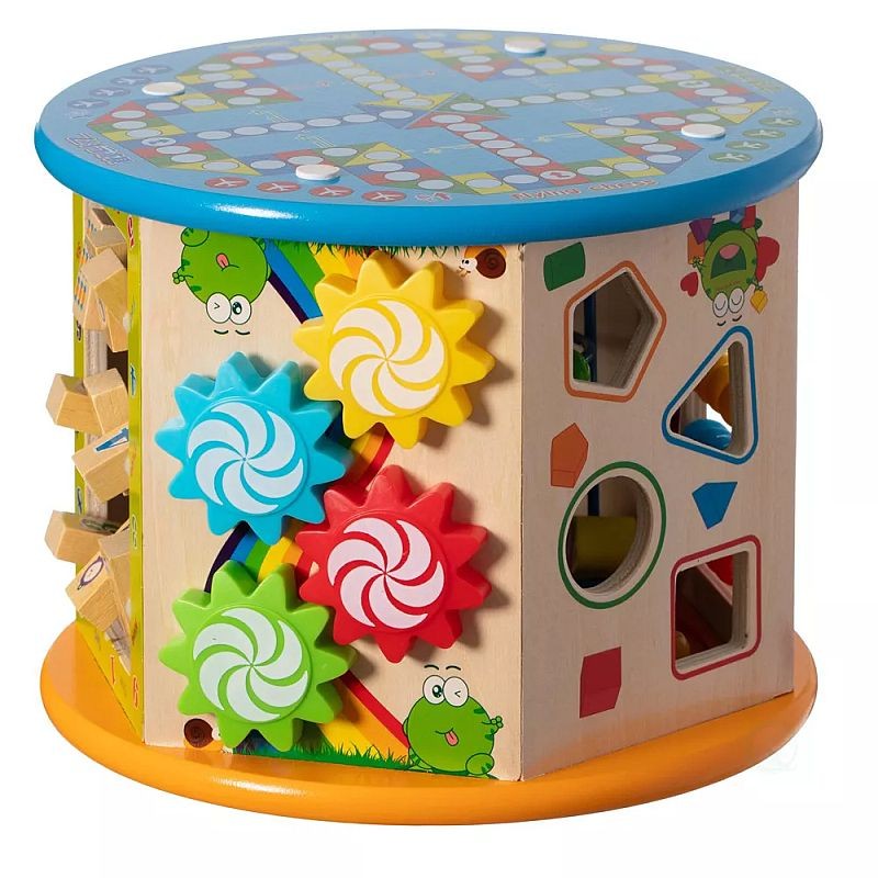 Cub activitati educative copii, 8 in 1, ceas, labirinturi, abac, forme geometrice, multicolor, lemn MultiMark GlobalProd