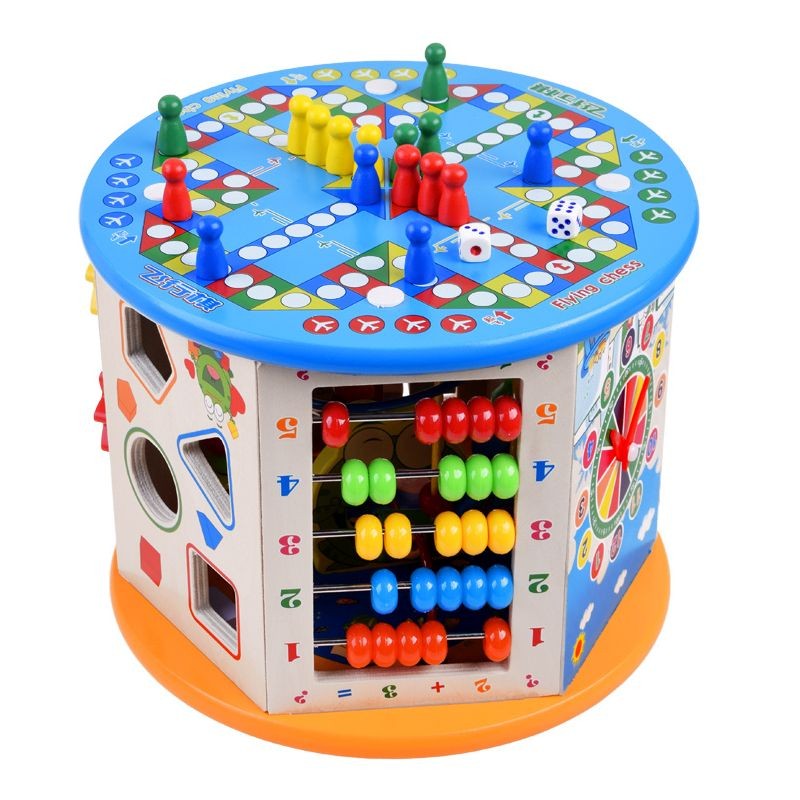 Cub activitati educative copii, 8 in 1, ceas, labirinturi, abac, forme geometrice, multicolor, lemn MultiMark GlobalProd