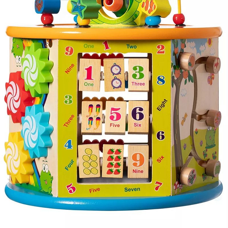 Cub activitati educative copii, 8 in 1, ceas, labirinturi, abac, forme geometrice, multicolor, lemn MultiMark GlobalProd