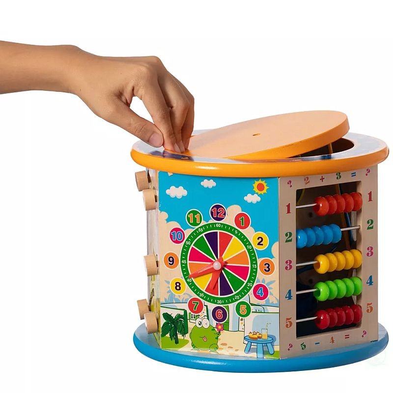 Cub activitati educative copii, 8 in 1, ceas, labirinturi, abac, forme geometrice, multicolor, lemn MultiMark GlobalProd