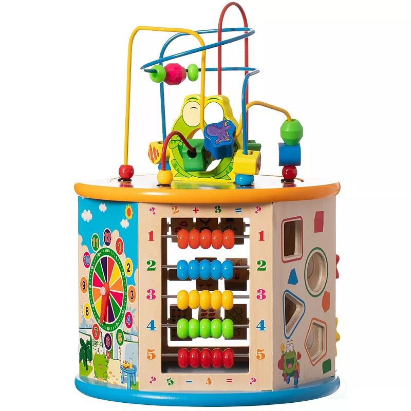 Cub activitati educative copii, 8 in 1, ceas, labirinturi, abac, forme geometrice, multicolor, lemn MultiMark GlobalProd