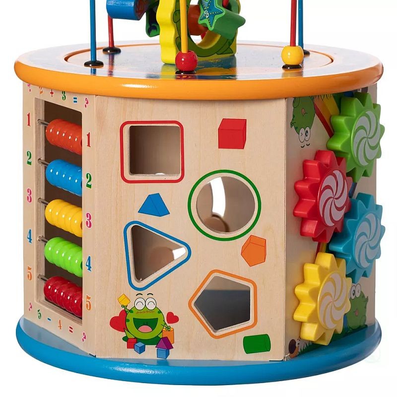 Cub activitati educative copii, 8 in 1, ceas, labirinturi, abac, forme geometrice, multicolor, lemn MultiMark GlobalProd